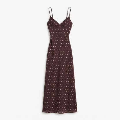 Sunoire brown polka dot strappy maxi dress - flat lay of the garment