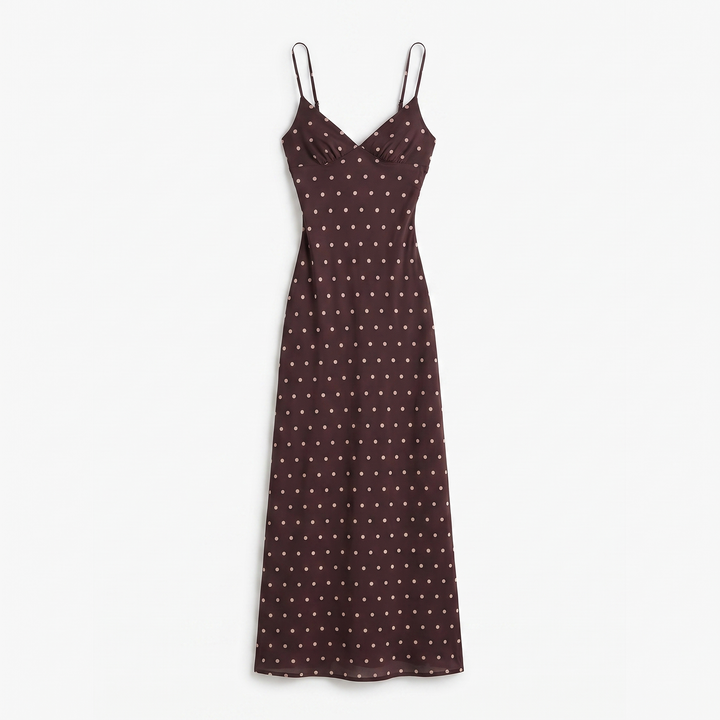 Sunoire brown polka dot strappy maxi dress - flat lay of the garment
