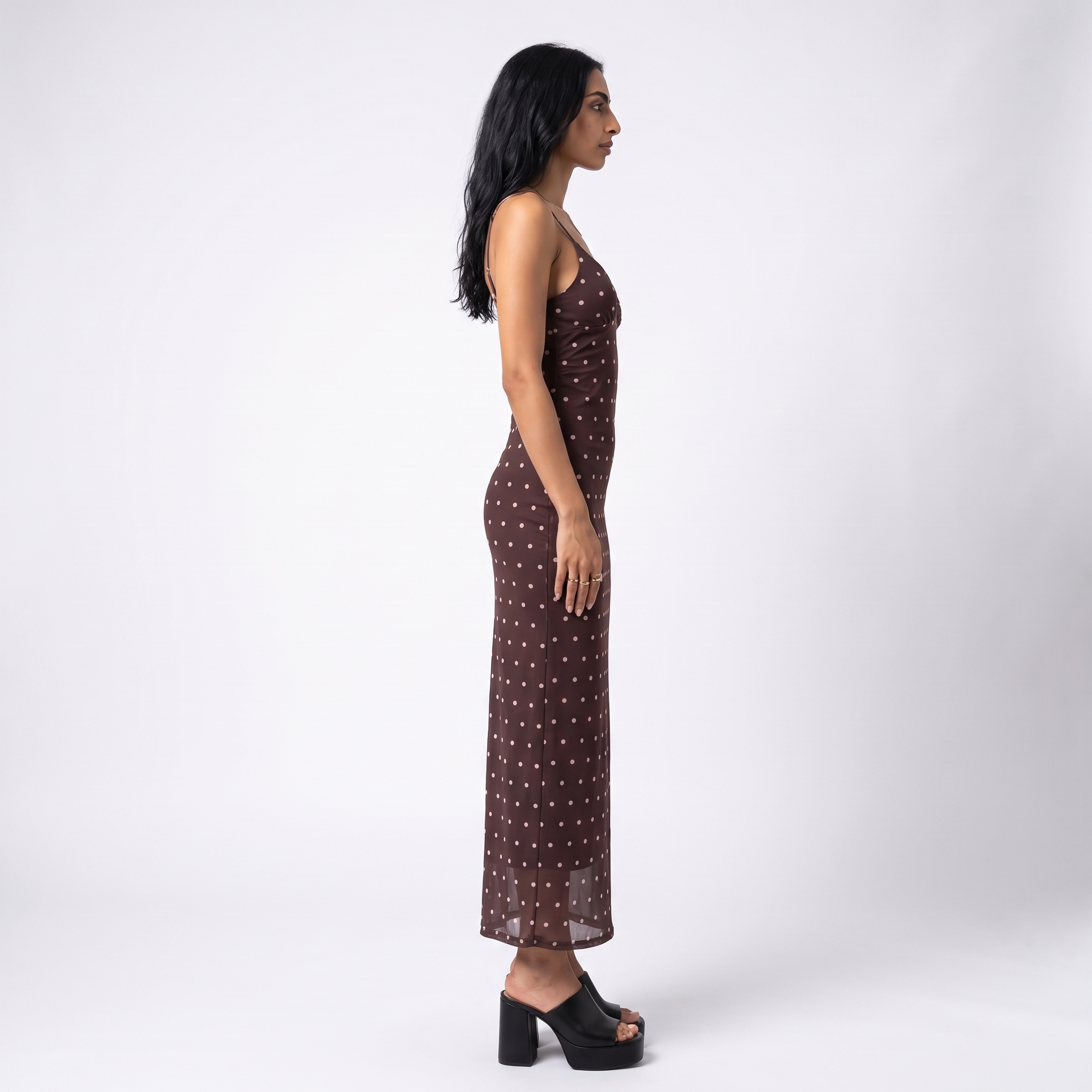 Sunoire brown polka dot strappy maxi dress - side view on model