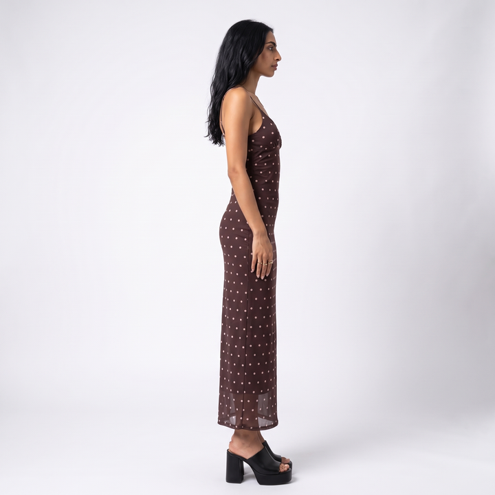 Sunoire brown polka dot strappy maxi dress - side view on model