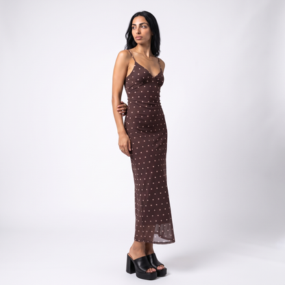 Sunoire brown polka dot strappy maxi dress - three-quarter view on model