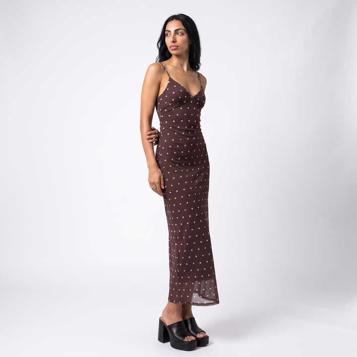 Sunoire brown polka dot strappy maxi dress - three-quarter view on model
