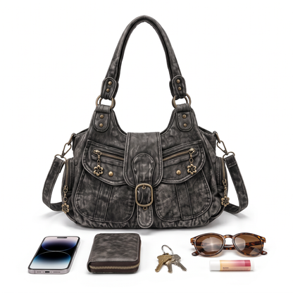 Women's Distressed Denim Shoulder Bag, what fits inside