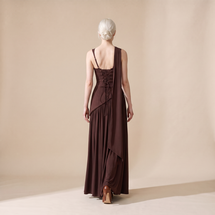 Sunoire women s draped satin feel maxi dress sculpted elegant silhouette back view 01