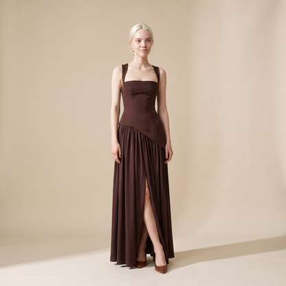 Sunoire women s draped satin feel maxi dress sculpted elegant silhouette front hero 01