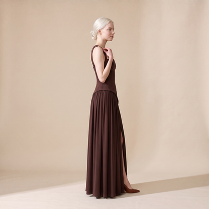 Sunoire women s draped satin feel maxi dress sculpted elegant silhouette side view 01