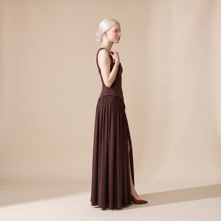 Sunoire women s draped satin feel maxi dress sculpted elegant silhouette side view 01