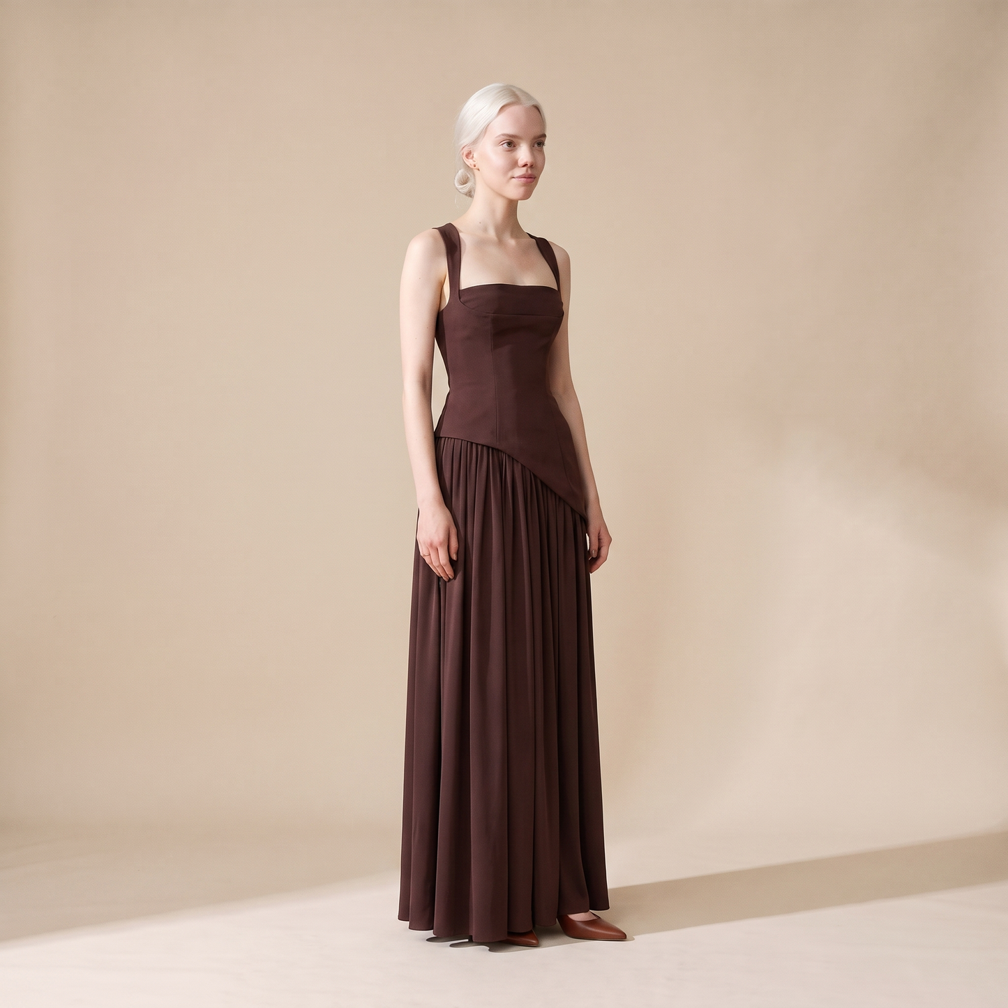Sunoire women s draped satin feel maxi dress sculpted elegant silhouette three quarter 01