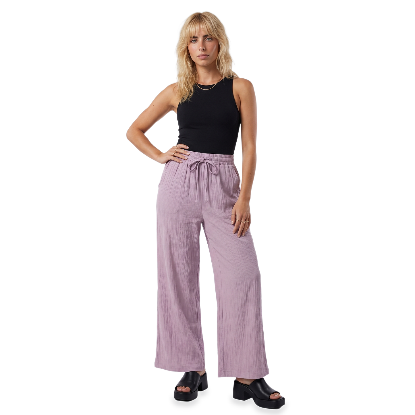 Sunoire mauve drawstring wide leg pants front hero 01