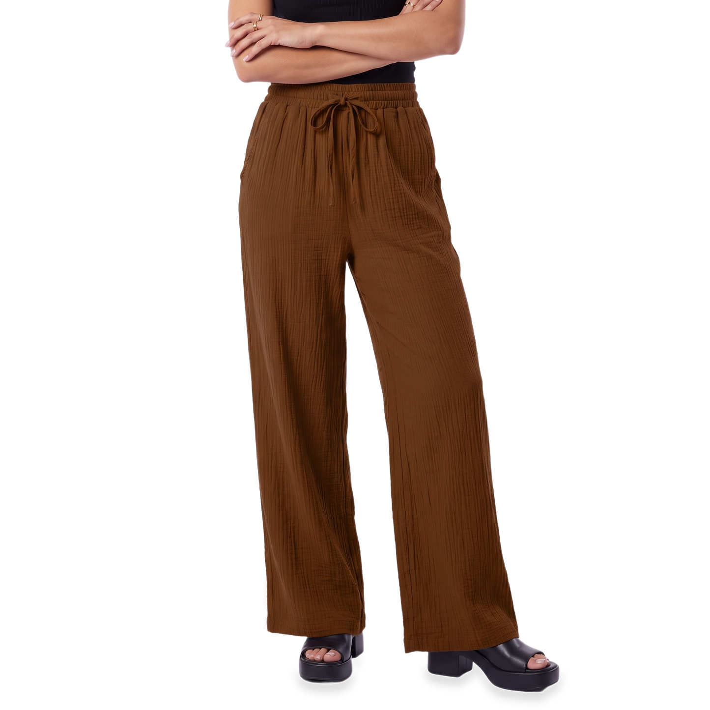 Sunoire mauve drawstring wide leg pants colorway coffee color front crop 01