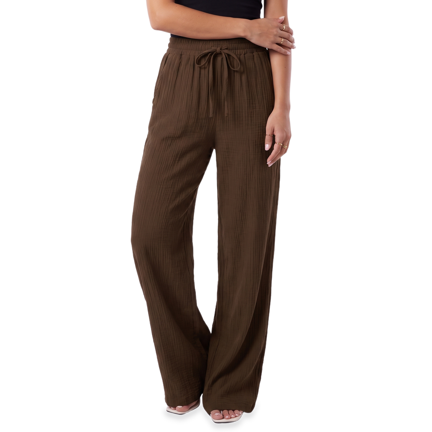 Sunoire mauve drawstring wide leg pants colorway dark brown front crop 01