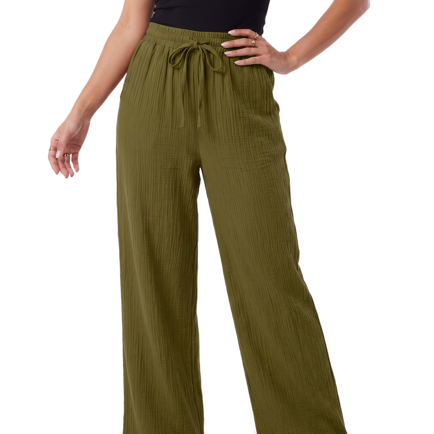 Sunoire mauve drawstring wide leg pants colorway green front crop 01