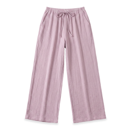 Sunoire mauve drawstring wide leg pants garment flatlay 01