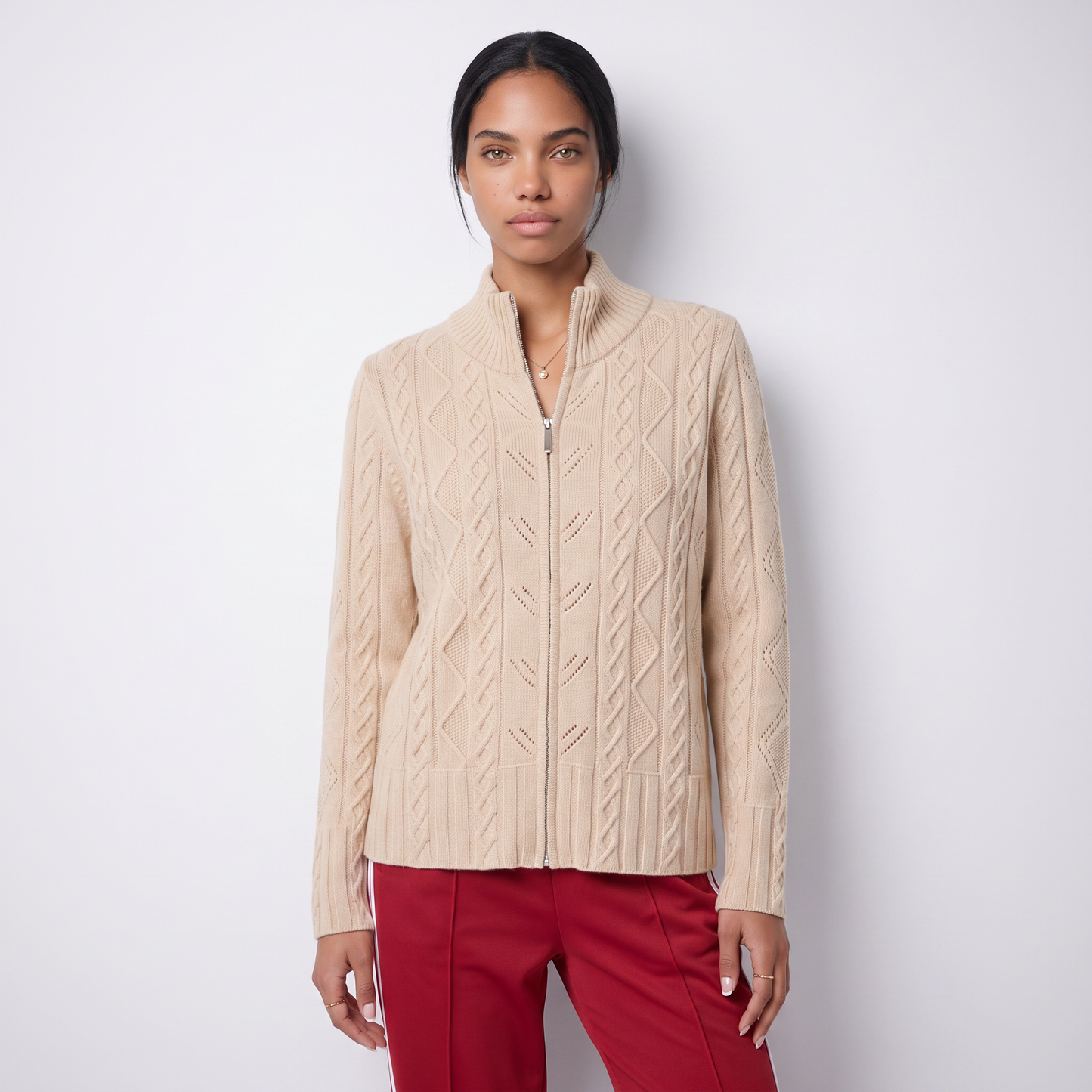 Sunoire women s elegant cable knit zip up cardigan stand collar cashmere wool sweater jacket for casual office wear colorway beige front crop 01