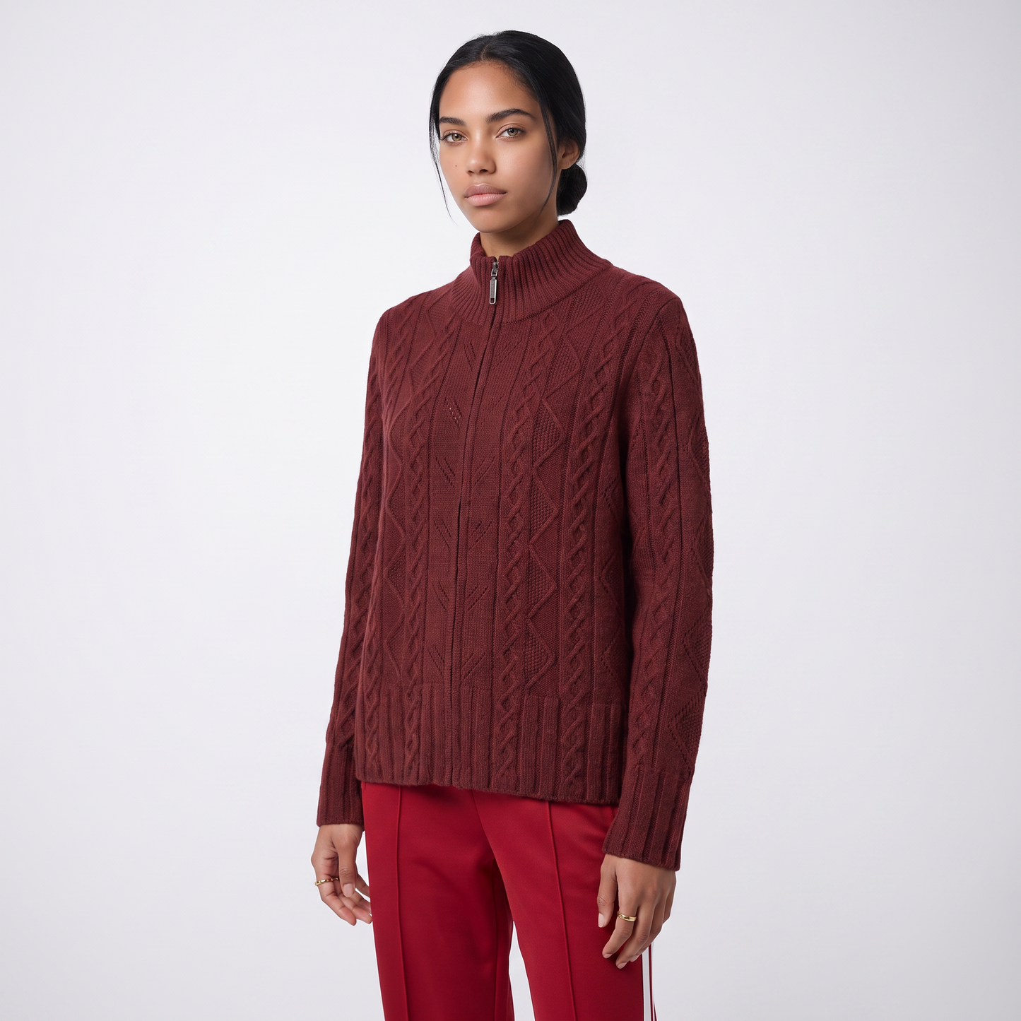 Sunoire women s elegant cable knit zip up cardigan stand collar cashmere wool sweater jacket for casual office wear colorway burgundy front crop 01