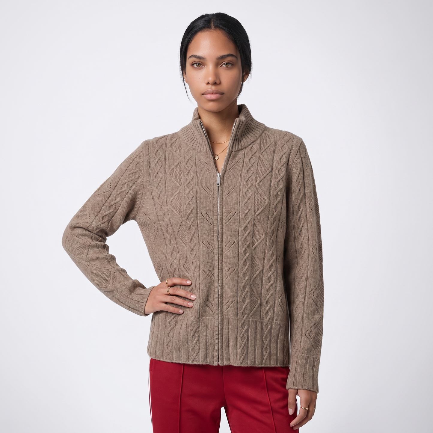Sunoire women s elegant cable knit zip up cardigan stand collar cashmere wool sweater jacket for casual office wear colorway khaki front crop 01