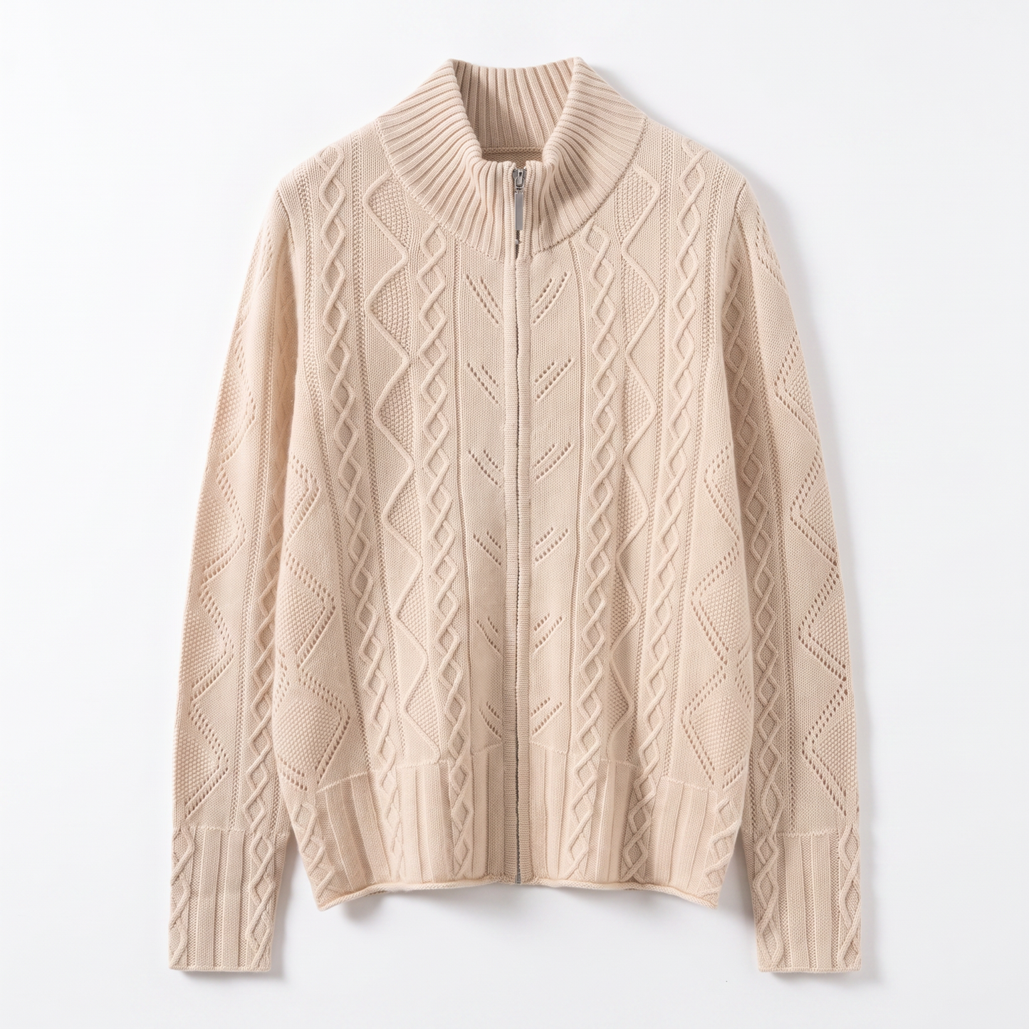 Sunoire women s elegant cable knit zip up cardigan stand collar cashmere wool sweater jacket for casual office wear garment flatlay 01