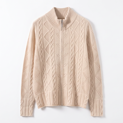 Sunoire women s elegant cable knit zip up cardigan stand collar cashmere wool sweater jacket for casual office wear garment flatlay 01