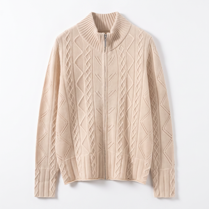 Sunoire women s elegant cable knit zip up cardigan stand collar cashmere wool sweater jacket for casual office wear garment flatlay 01