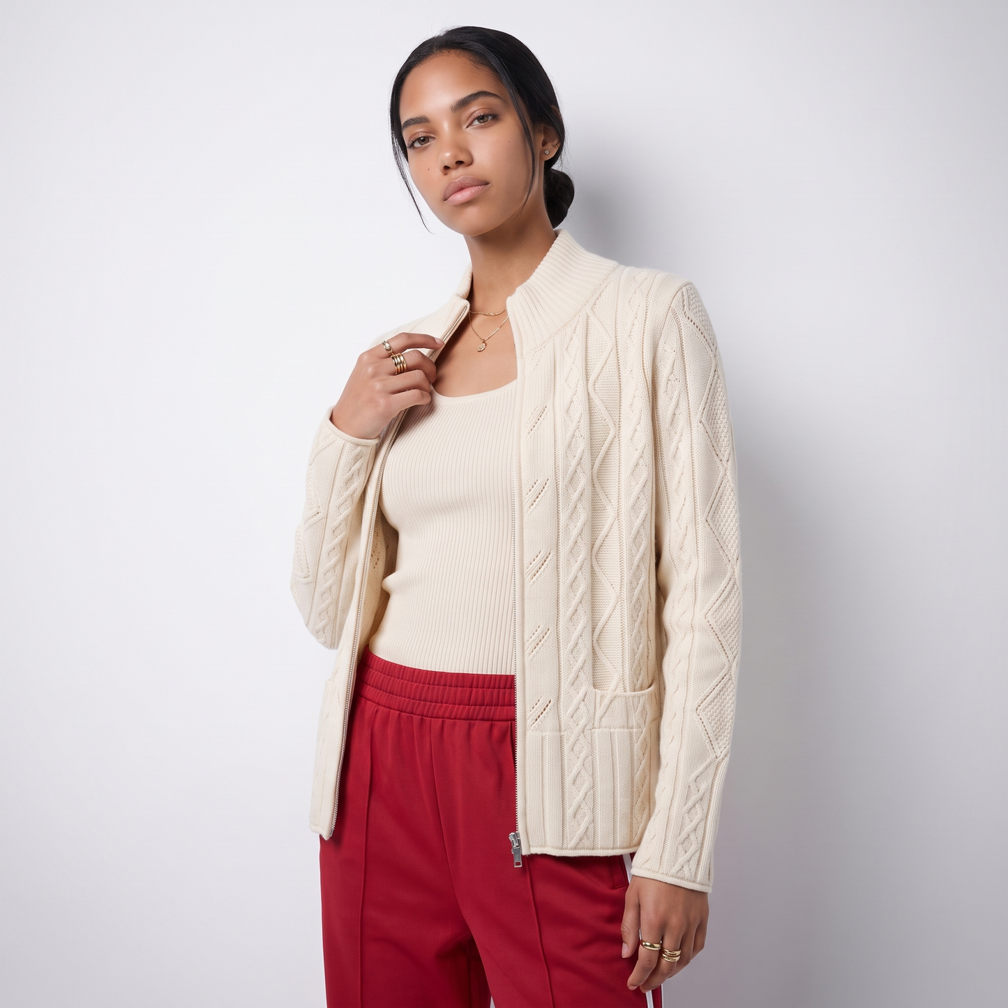 Sunoire women s elegant cable knit zip up cardigan stand collar cashmere wool sweater jacket for casual office wear top crop 3q 01