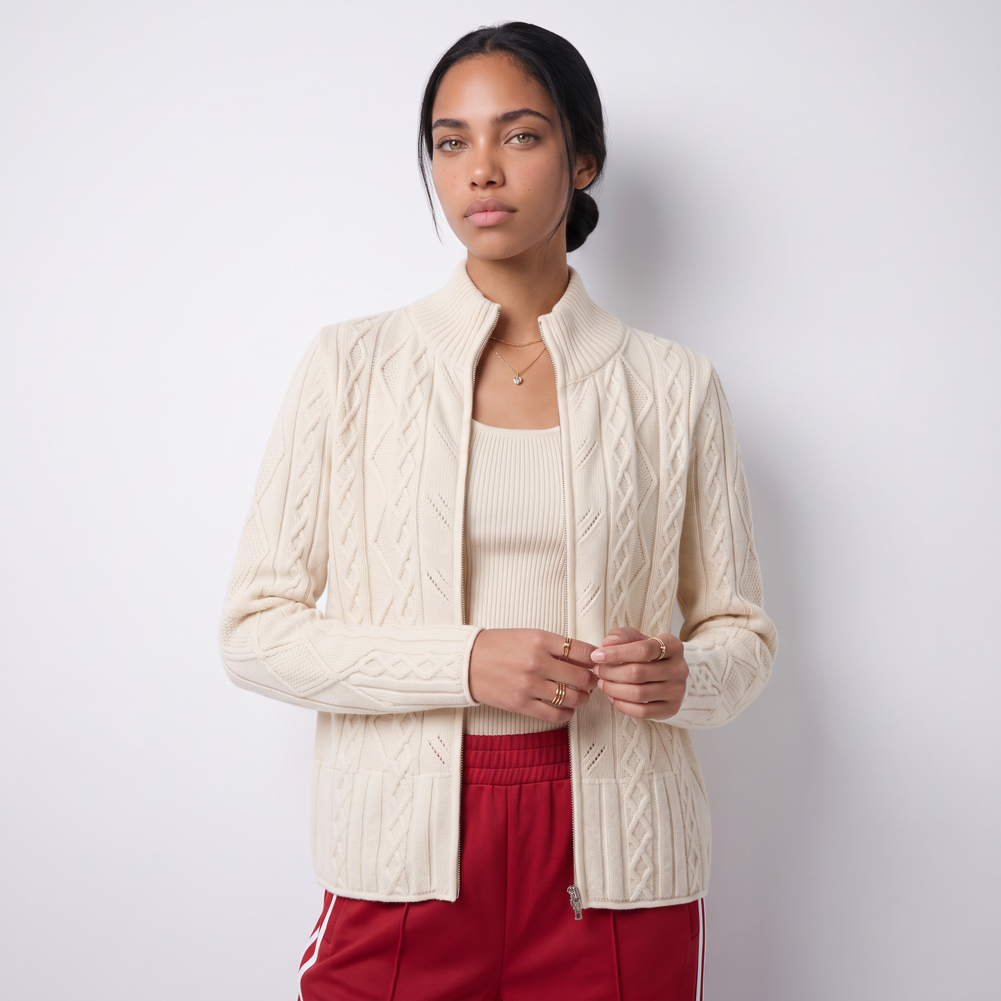 Sunoire women s elegant cable knit zip up cardigan stand collar cashmere wool sweater jacket for casual office wear top front crop 01