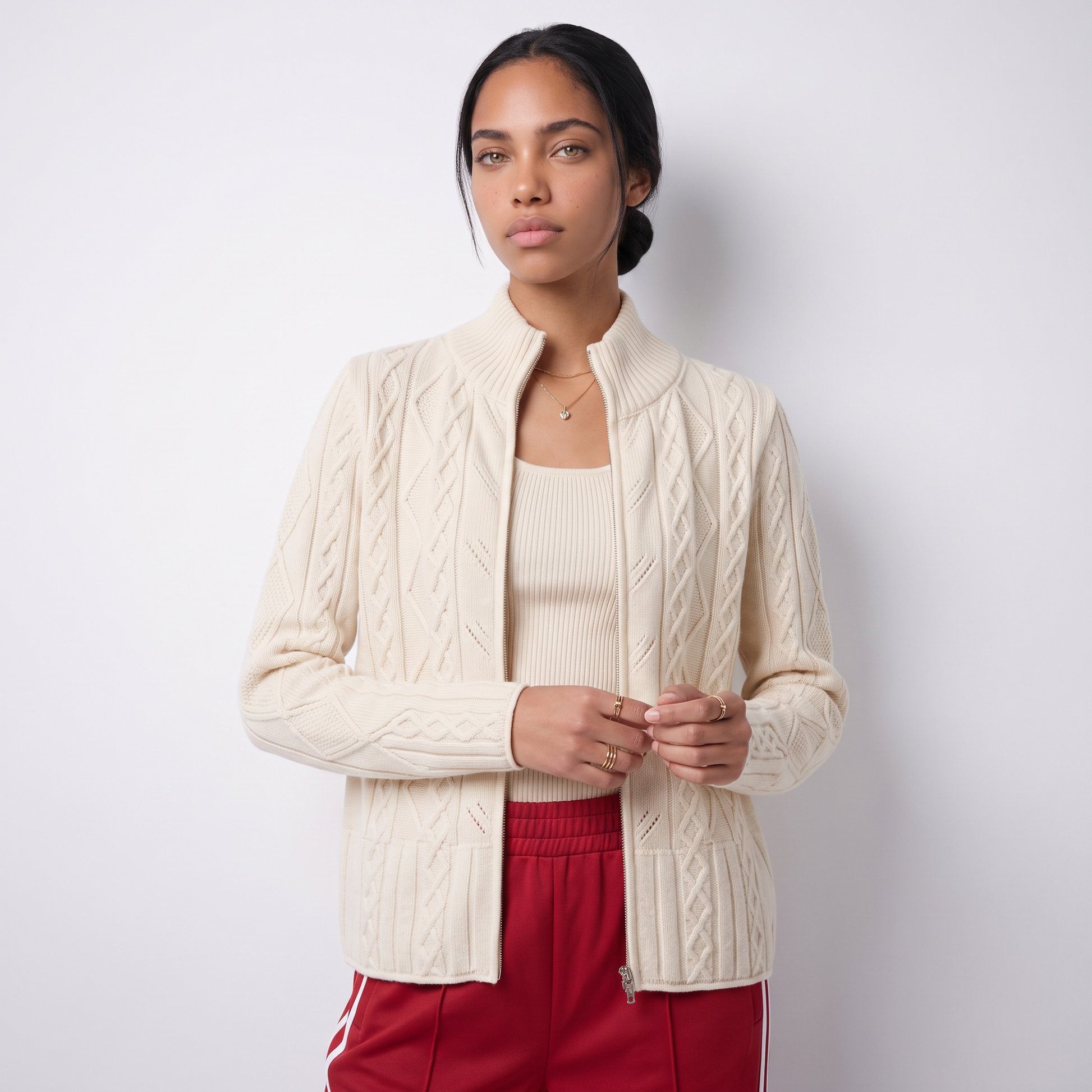 Sunoire women s elegant cable knit zip up cardigan stand collar cashmere wool sweater jacket for casual office wear top front crop 01