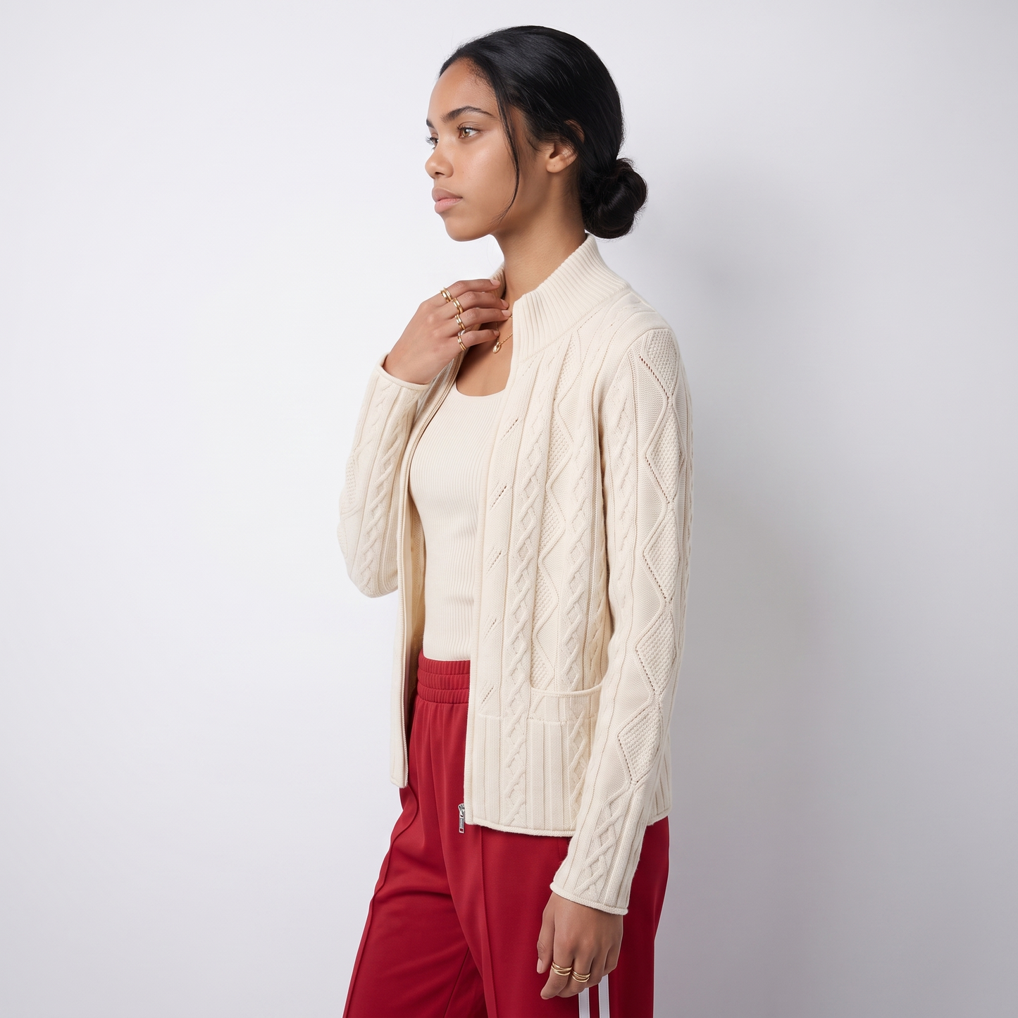 Sunoire women s elegant cable knit zip up cardigan stand collar cashmere wool sweater jacket for casual office wear top side crop 01
