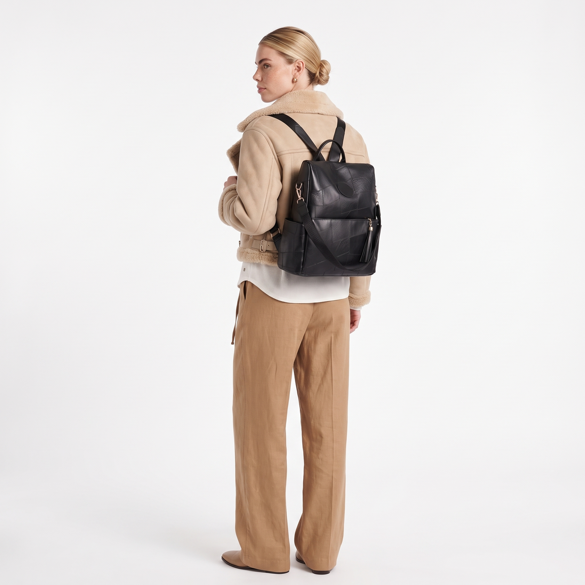 Women's Faux Leather Back Zip Backpack, worn from behind
