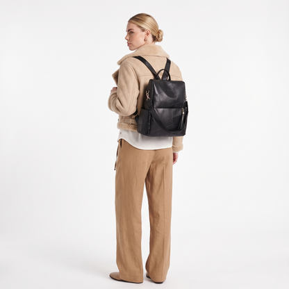 Women's Faux Leather Back Zip Backpack, worn from behind