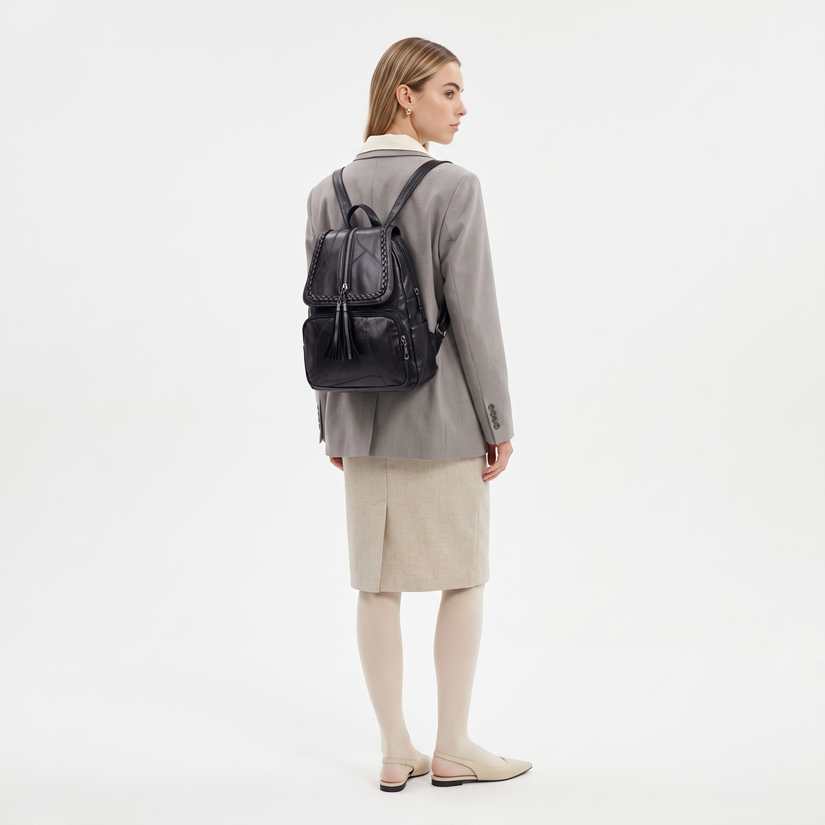 Women's Faux Leather Braided Flap Backpack, worn from behind