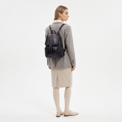Women's Faux Leather Braided Flap Backpack, worn from behind