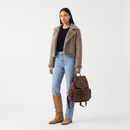 Women's Faux Leather Drawstring Backpack, worn by a model