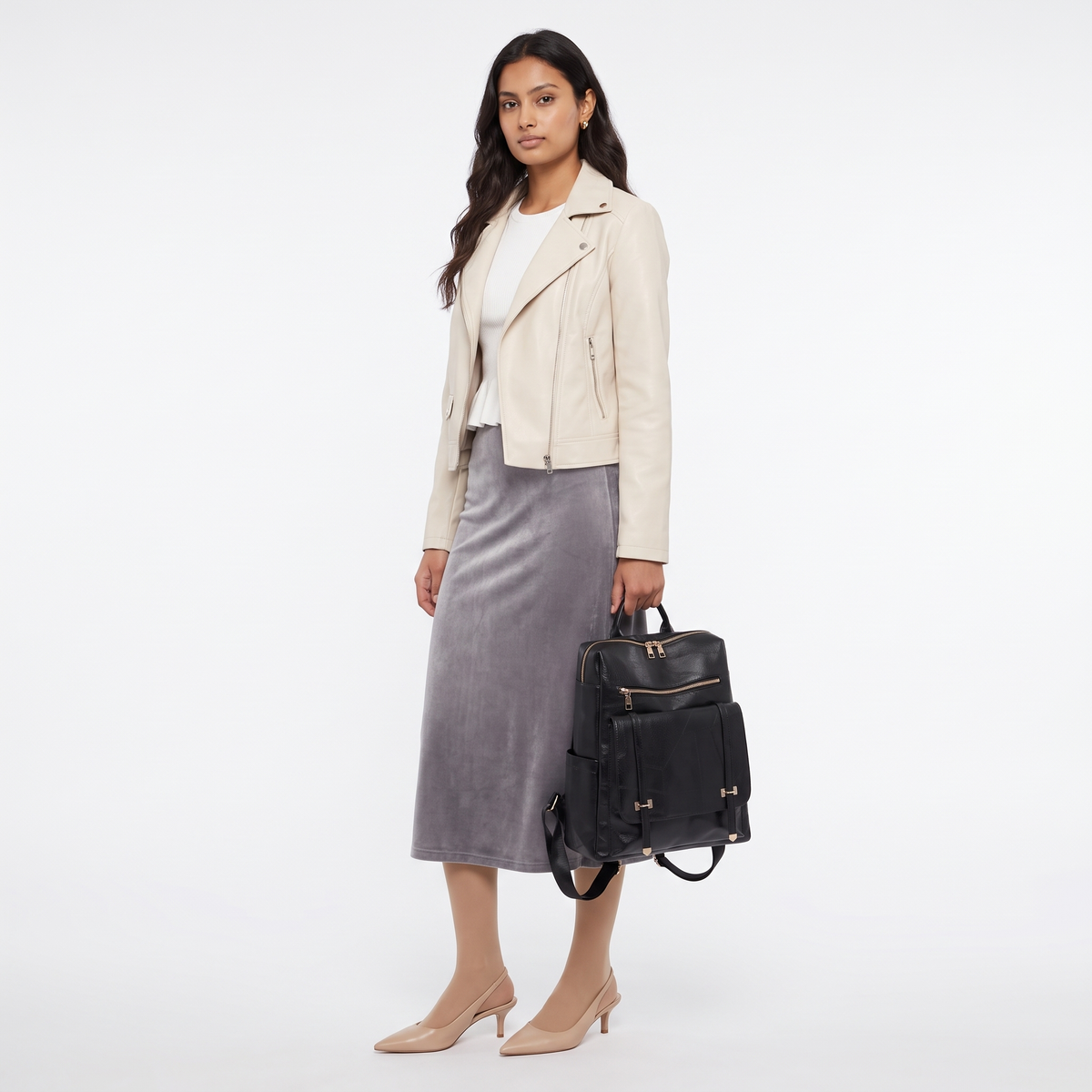 Women's Faux Leather Flap Pocket Backpack, worn by a model