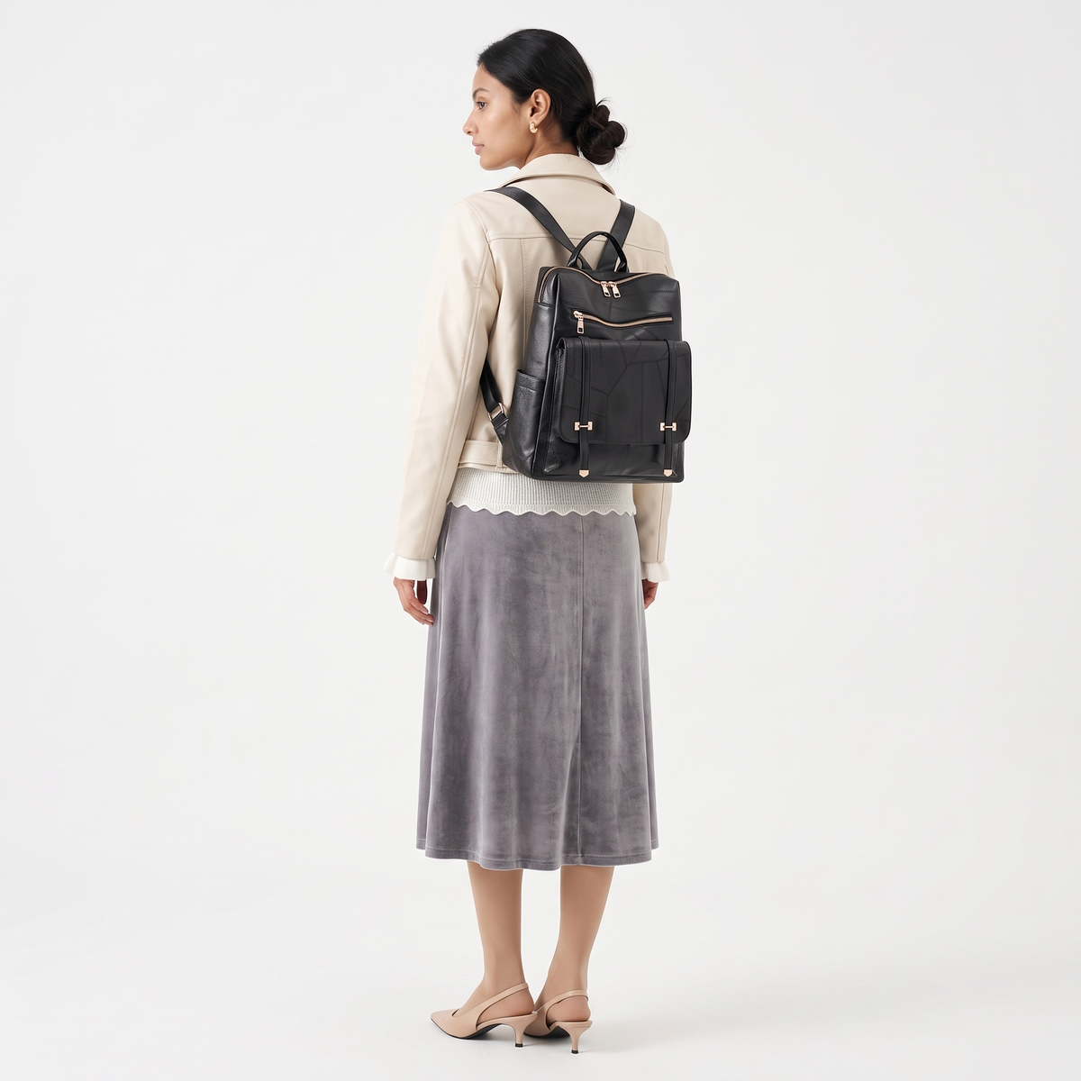 Women's Faux Leather Flap Pocket Backpack, worn from behind