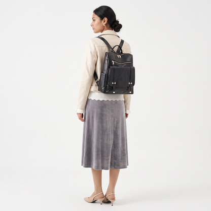 Women's Faux Leather Flap Pocket Backpack, worn from behind