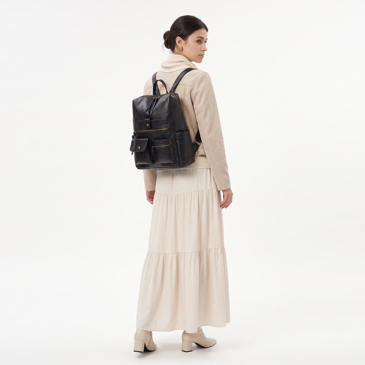 Women's Faux Leather Multi Pocket Backpack, worn from behind