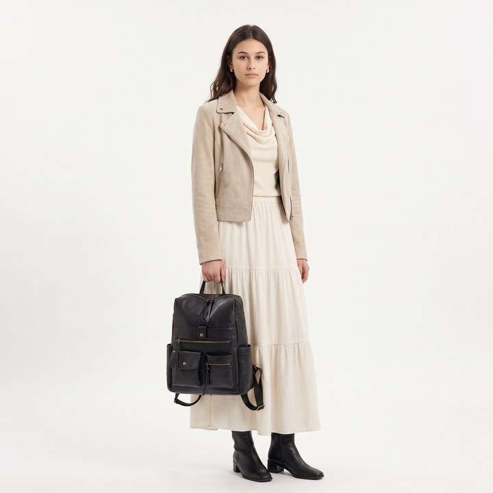 Women's Faux Leather Multi Pocket Backpack, worn by a model