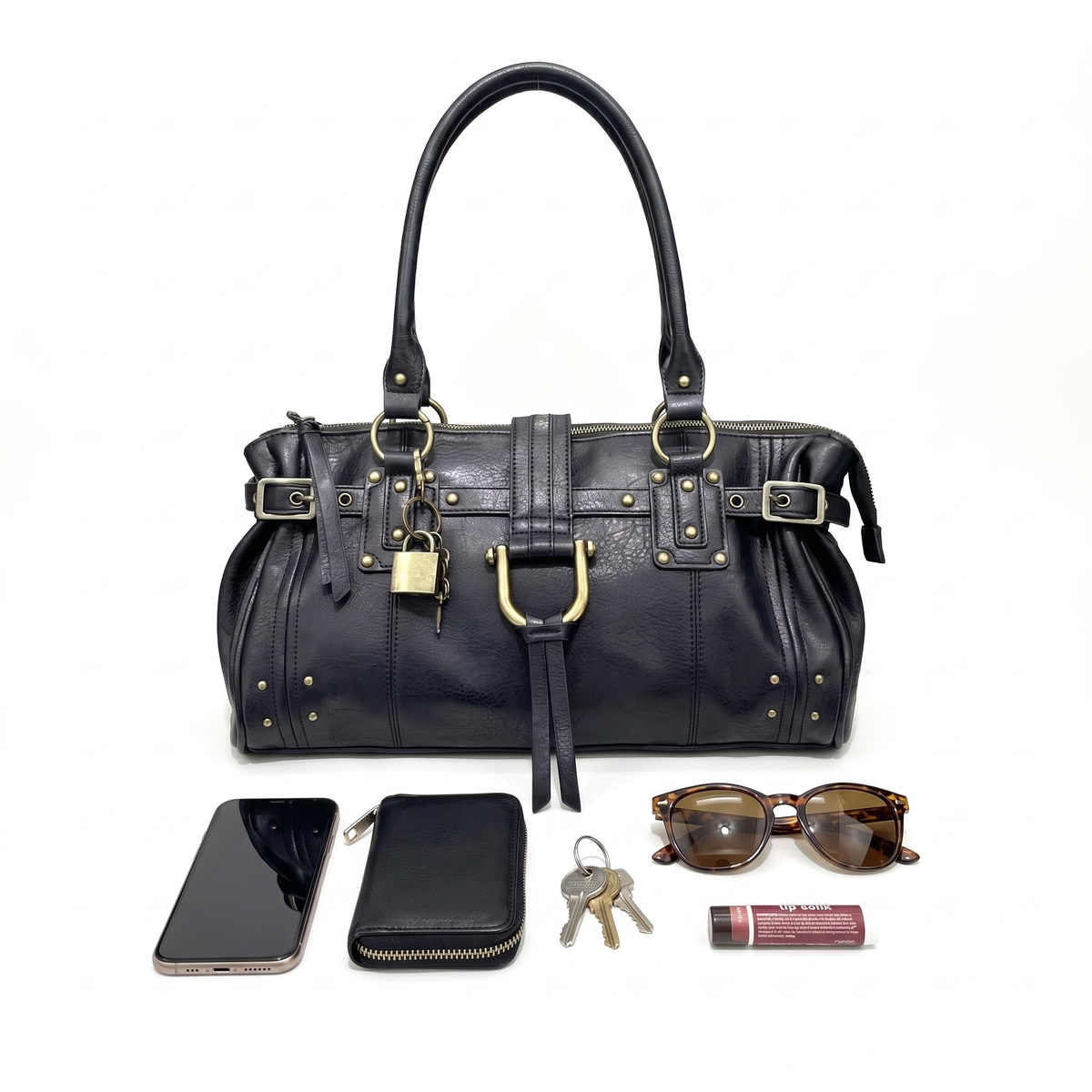 Women's Faux Leather Padlock Bowling Bag, what fits inside