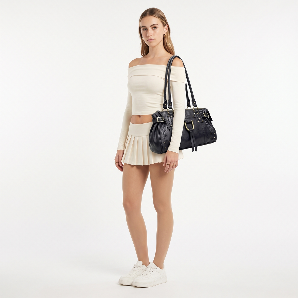 Women's Faux Leather Padlock Bowling Bag, worn by a model