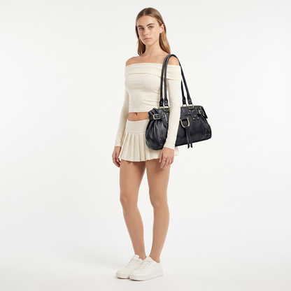 Women's Faux Leather Padlock Bowling Bag, worn by a model