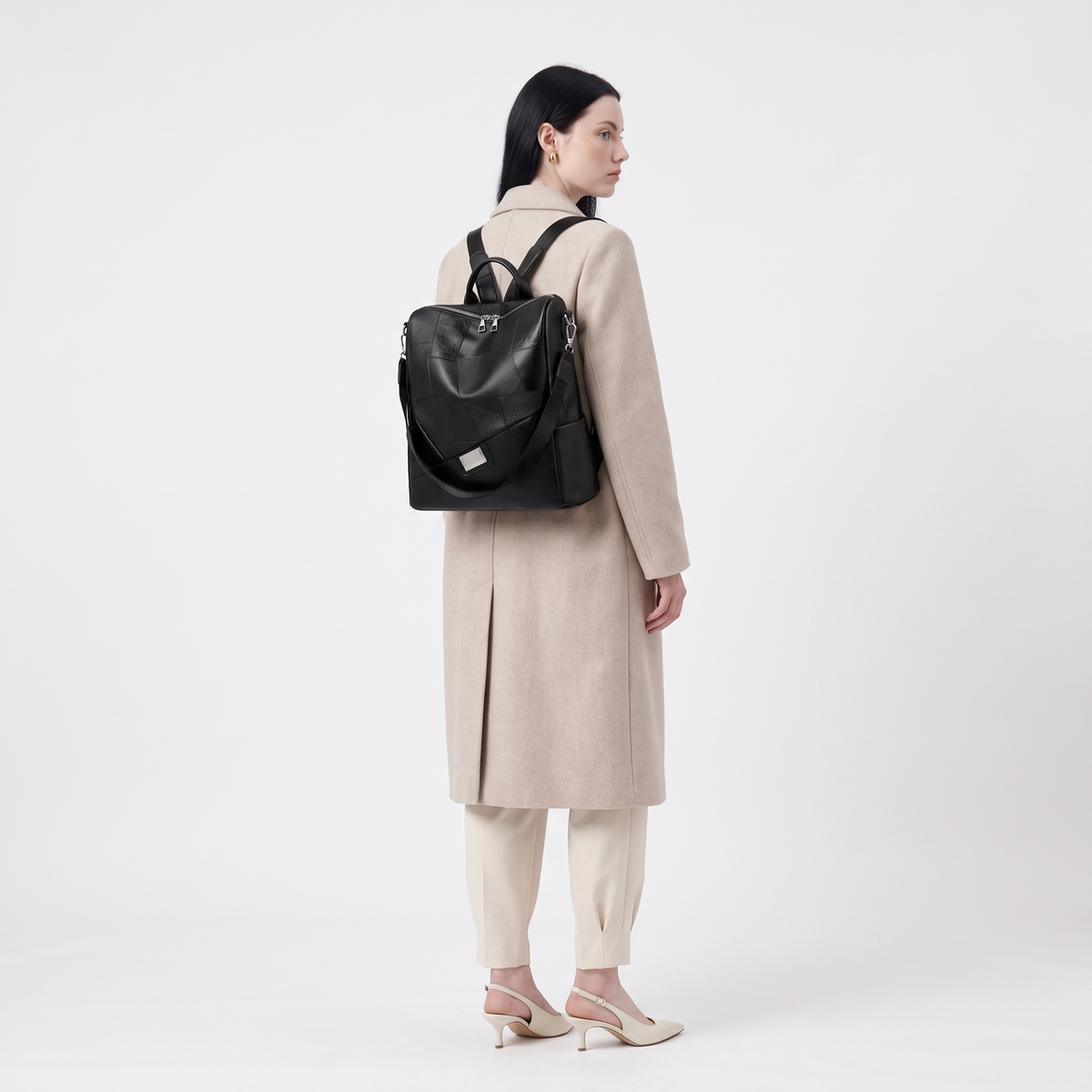 Women's Faux Leather Patchwork Backpack, worn from behind