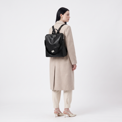 Women's Faux Leather Patchwork Backpack, worn from behind