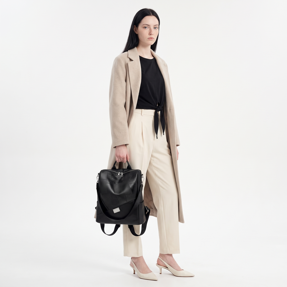 Women's Faux Leather Patchwork Backpack, worn by a model