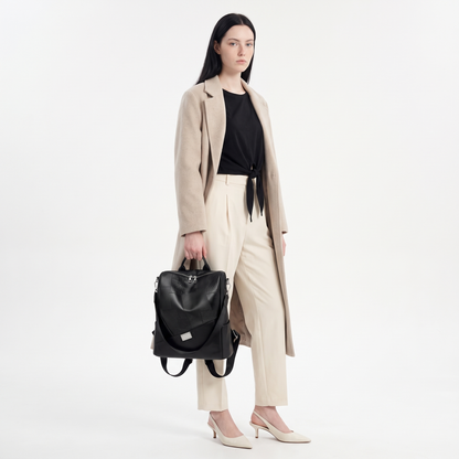 Women's Faux Leather Patchwork Backpack, worn by a model