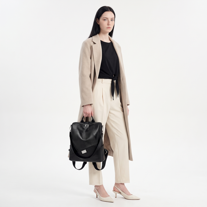 Women's Faux Leather Patchwork Backpack, worn by a model