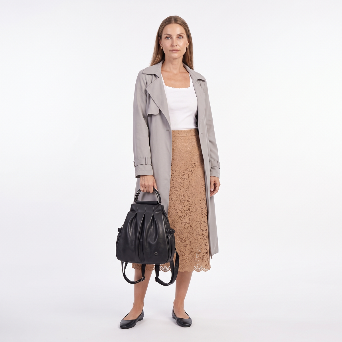 Women's Faux Leather Pleated Backpack, worn by a model