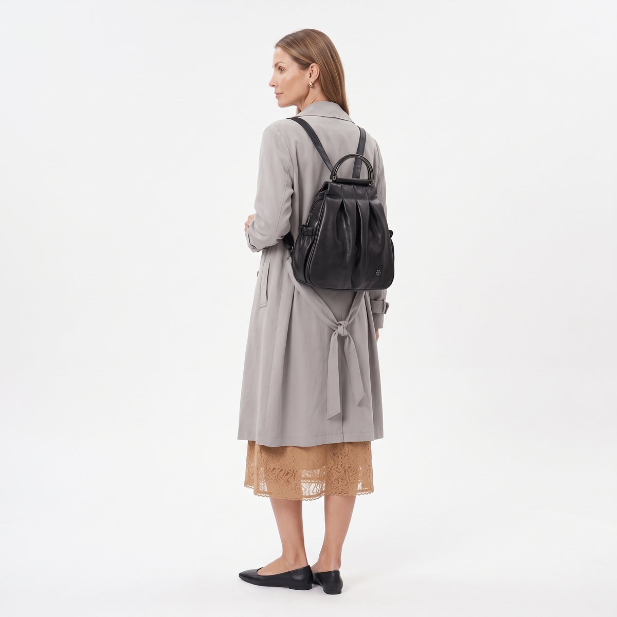 Women's Faux Leather Pleated Backpack, worn from behind