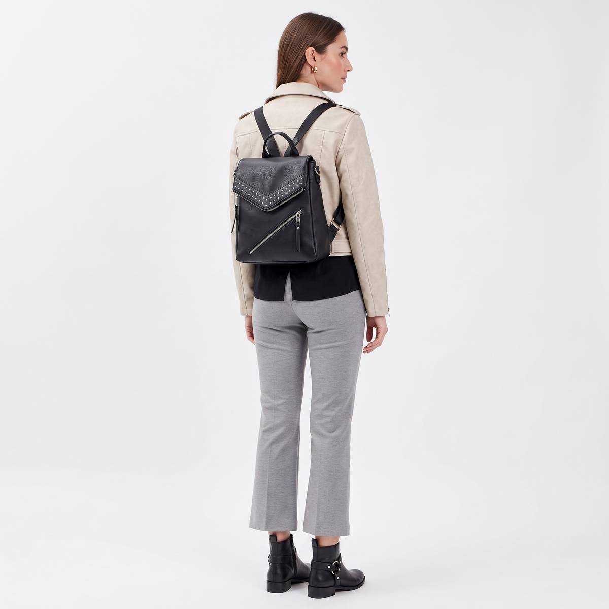 Women's Faux Leather Studded Backpack, worn from behind