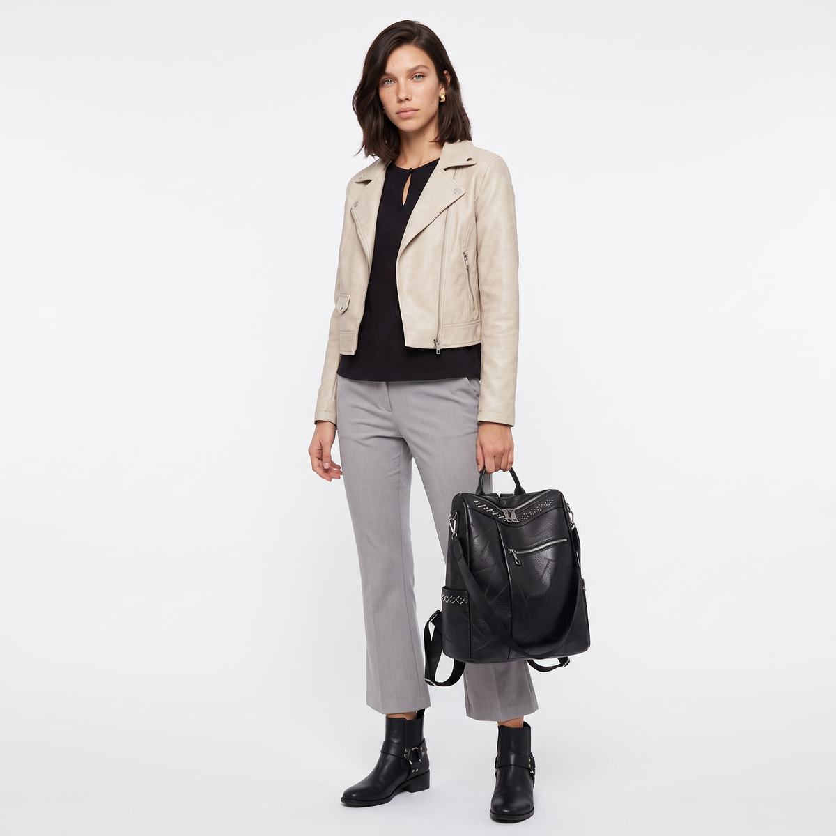 Women's Faux Leather Studded Backpack, worn by a model