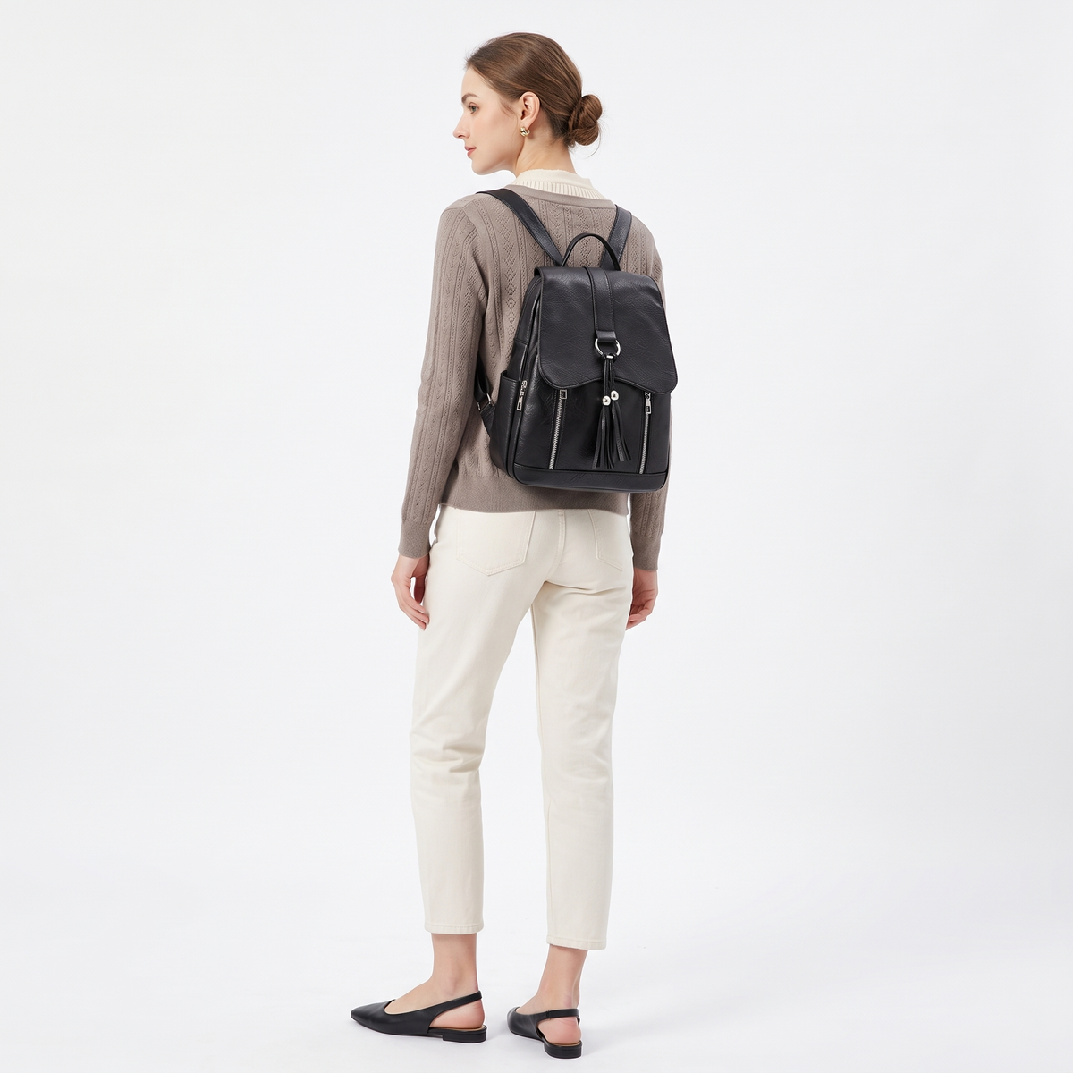 Women's Faux Leather Tassel Flap Backpack, worn from behind